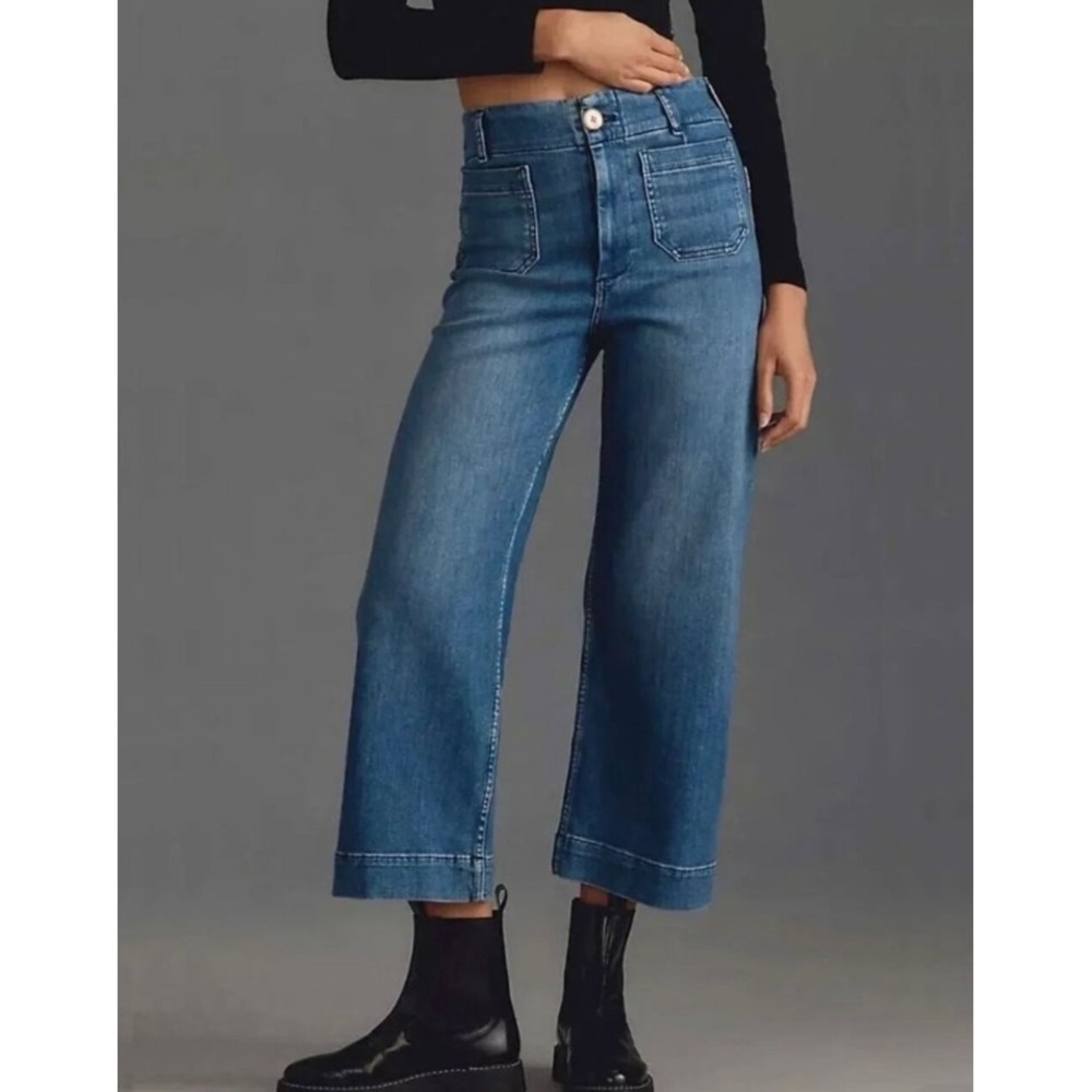 Maeve Anthropologie The Colette Wide Leg Cropped Jeans Blue 34 High Rise Pockets